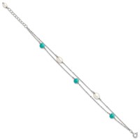 Sterling Silver Rhodium-plated Turquoise Bead and White Rice Freshwater Cultured Pearl Bracelet with 1 Inch Extension, 7" view 2