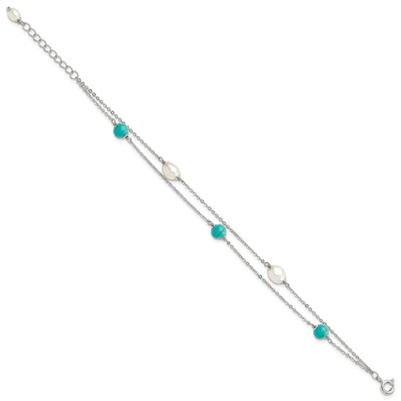 Sterling Silver Rhodium-plated Turquoise/FWC Pearl w/1in Ext Bracelet