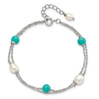 Sterling Silver Rhodium-plated Turquoise Bead and White Rice Freshwater Cultured Pearl Bracelet with 1 Inch Extension, 7" view 4