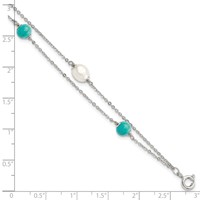 Sterling Silver Rhodium-plated Turquoise Bead and White Rice Freshwater Cultured Pearl Bracelet with 1 Inch Extension, 7" view 3