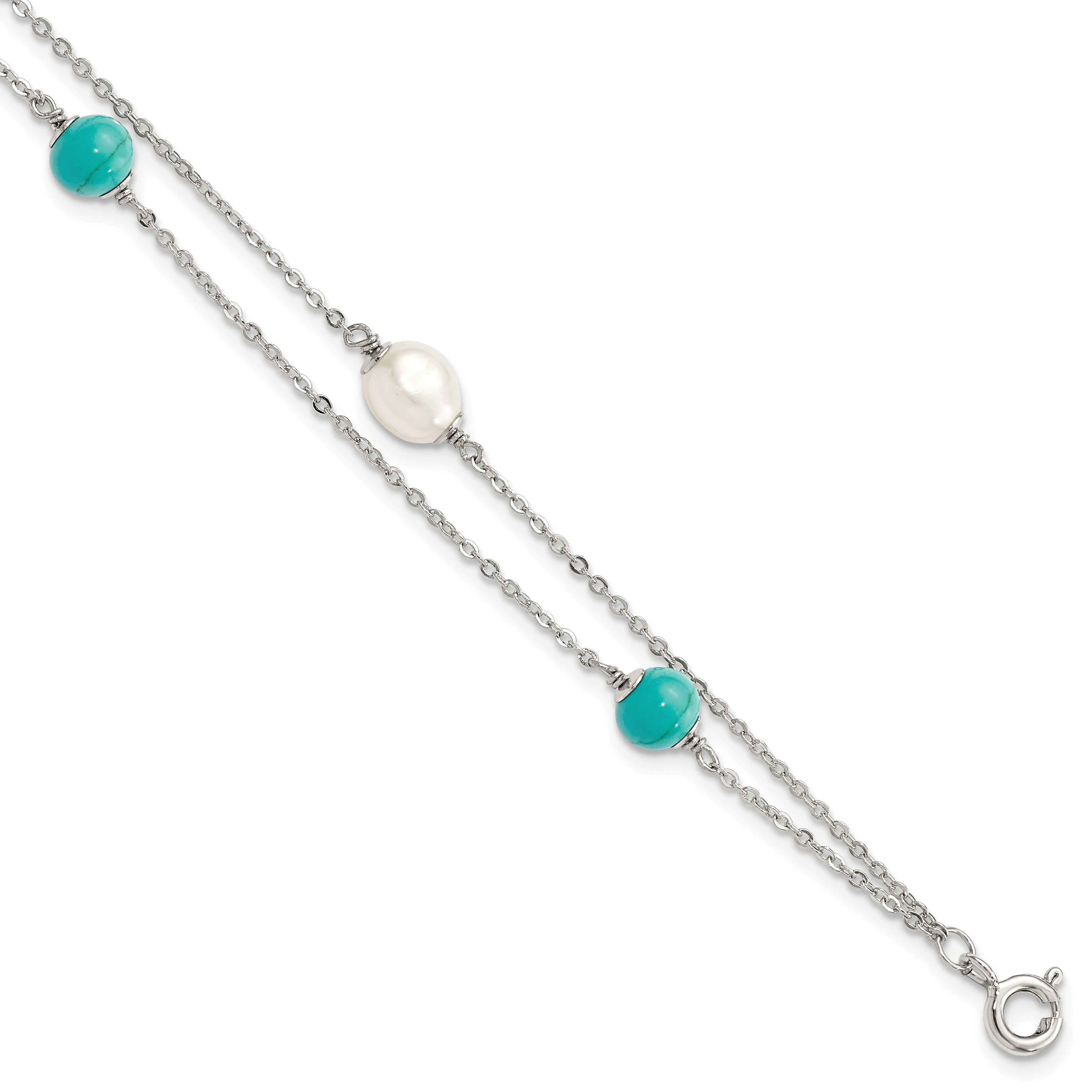 Sterling Silver Rhodium-plated Turquoise/FWC Pearl w/1in Ext Bracelet (QG5017-7)
