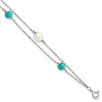 Sterling Silver Rhodium-plated Turquoise Bead and White Rice Freshwater Cultured Pearl Bracelet with 1 Inch Extension, 7" view 1