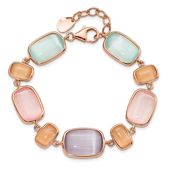 Sterling Silver Rose-tone and Created Cats Eye w/ 1in ext. Bracelet