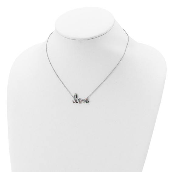 Prizma Sterling Silver Rhodium-plated 16 inch Colorful CZ LOVE Necklace with 2 inch Extender