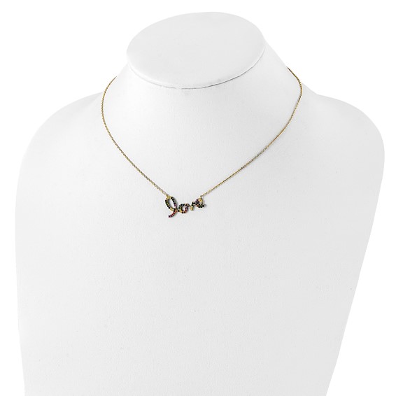 Prizma Sterling Silver Gold-tone 14K Flash Gold-plated 16 inch Colorful CZ LOVE Necklace with 2 inch Extender
