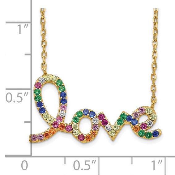 Prizma Sterling Silver Gold-tone 14K Flash Gold-plated 16 inch Colorful CZ LOVE Necklace with 2 inch Extender