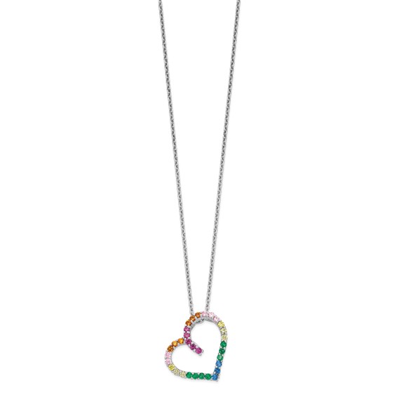Prizma Sterling Silver Rhodium-plated 18 inch with 1 inch extender Fancy Lobster Clasp Colorful CZ Open Heart Necklace