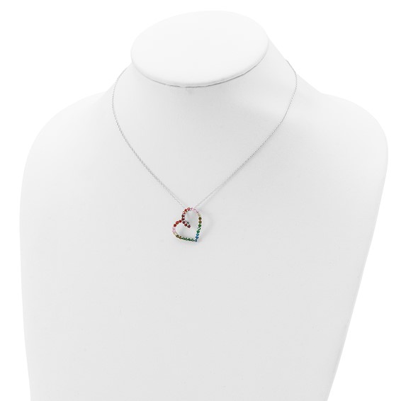 Prizma Sterling Silver Rhodium-plated 18 inch with 1 inch extender Fancy Lobster Clasp Colorful CZ Open Heart Necklace