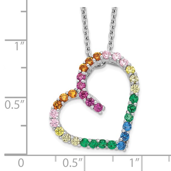 Prizma Sterling Silver Rhodium-plated 18 inch with 1 inch extender Fancy Lobster Clasp Colorful CZ Open Heart Necklace