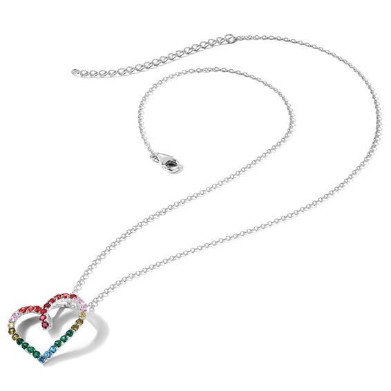 Prizma Sterling Silver Rhodium-plated 18 inch with 1 inch extender Fancy Lobster Clasp Colorful CZ Open Heart Necklace