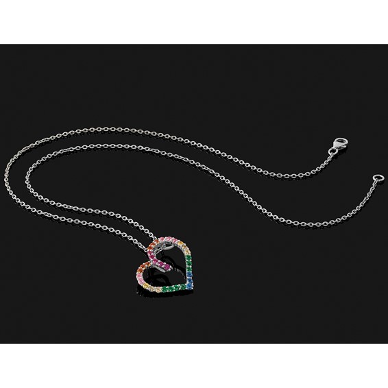 Prizma Sterling Silver Rhodium-plated 18 inch with 1 inch extender Fancy Lobster Clasp Colorful CZ Open Heart Necklace