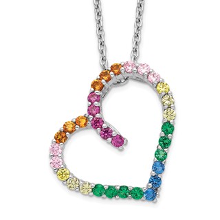 Prizma Sterling Silver Rhodium-plated 18 inch with 1 inch extender Fancy Lobster Clasp Colorful CZ Open Heart Necklace