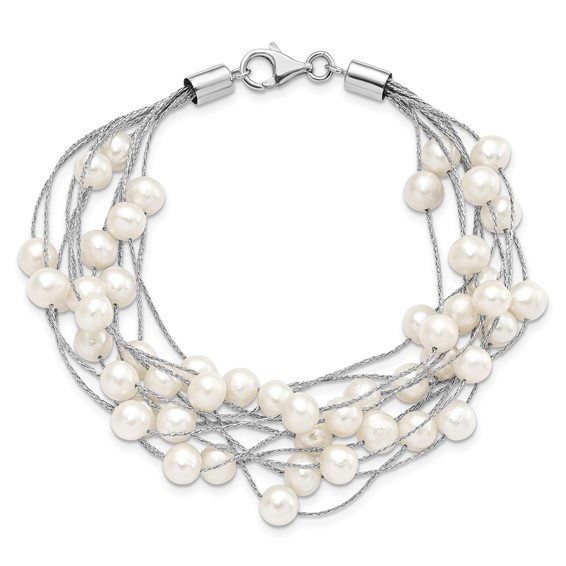 Sterling Silver Rhodium-plated 5-6mm White Semi-Round Freshwater Cultured Pearl Multi Strand 7.25 inch Bracelet