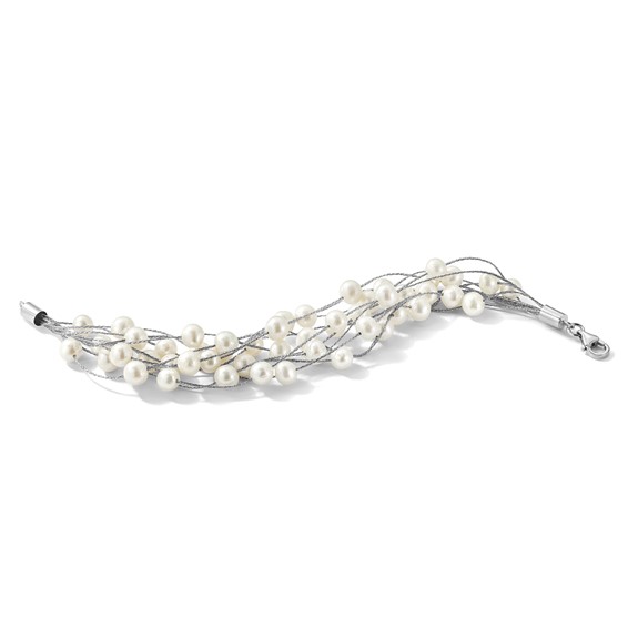 Sterling Silver Rhodium-plated 5-6mm White Semi-Round Freshwater Cultured Pearl Multi Strand 7.25 inch Bracelet