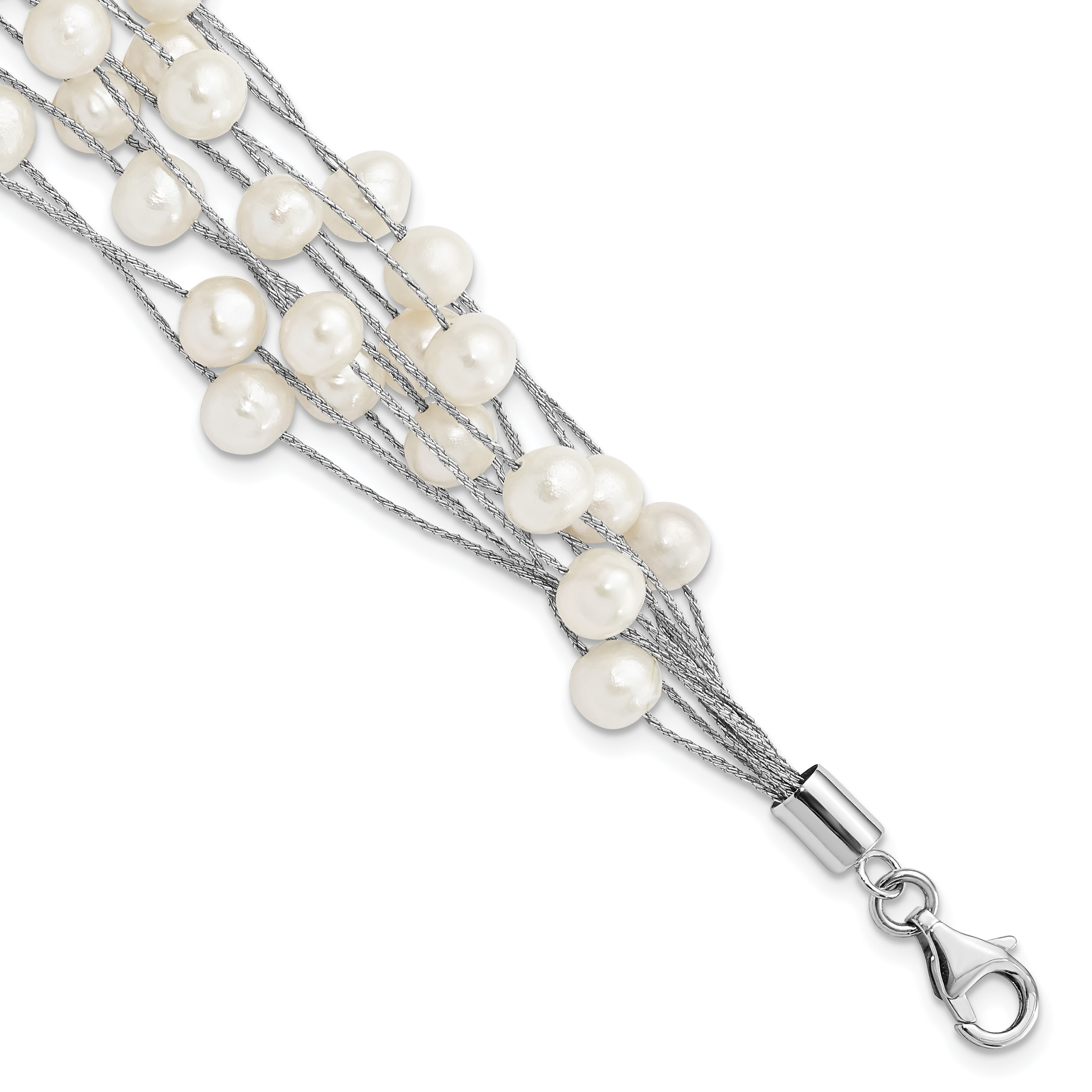 Sterling Silver Rhodium-plated 5-6mm White Semi-Round Freshwater Cultured Pearl Multi Strand 7.25 inch Bracelet (QG5083-7.25)
