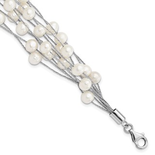 Sterling Silver Rhodium-plated 5-6mm White Semi-Round Freshwater Cultured Pearl Multi Strand 7.25 inch Bracelet