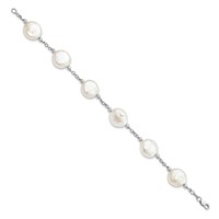 Sterling Silver Rhodium-plated 12-13mm White Coin Freshwater Cultured Pearl 6-Station Bracelet, 7.5" view 2