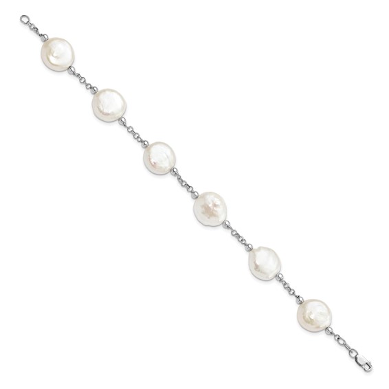 Sterling Silver Rhodium-plated 12-13mm White Coin Freshwater Cultured Pearl 6-Station 7.5 inch Bracelet