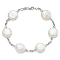 Sterling Silver Rhodium-plated 12-13mm White Coin Freshwater Cultured Pearl 6-Station Bracelet, 7.5" view 4