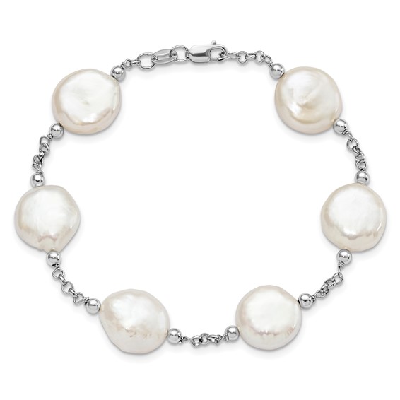 Sterling Silver Rhodium-plated 12-13mm White Coin Freshwater Cultured Pearl 6-Station 7.5 inch Bracelet