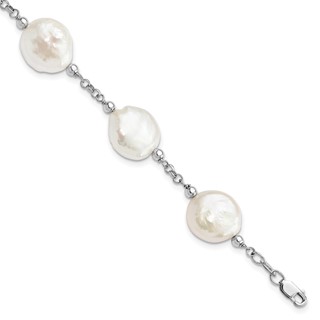 Sterling Silver Rhodium-plated 12-13mm White Coin Freshwater Cultured Pearl 6-Station 7.5 inch Bracelet
