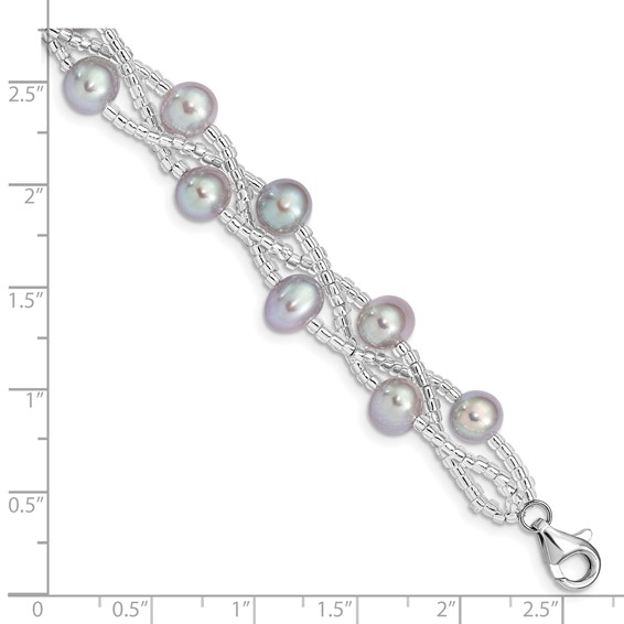 Sterling Silver Rhodium-plated 7-9mm Grey Semi-Round Freshwater Cultured Pearl and Glass Beaded 7.5 inch Bracelet