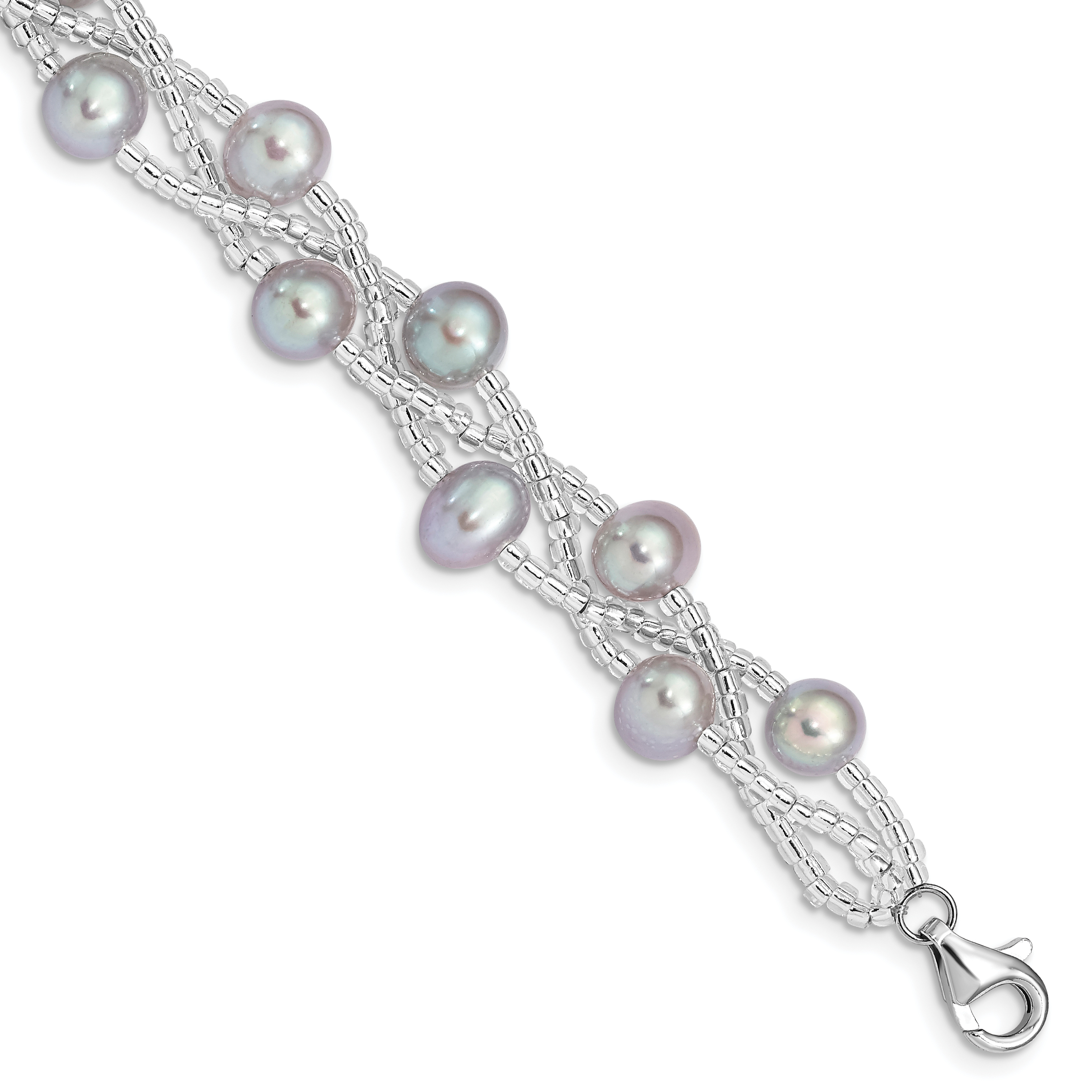 Sterling Silver Rhodium-plated 7-9mm Grey Semi-Round Freshwater Cultured Pearl and Glass Beaded 7.5 inch Bracelet (QG5085-7.5)