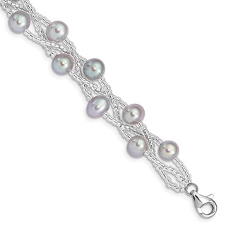 Sterling Silver Rhodium-plated 7-9mm Grey Semi-Round Freshwater Cultured Pearl and Glass Beaded 7.5 inch Bracelet