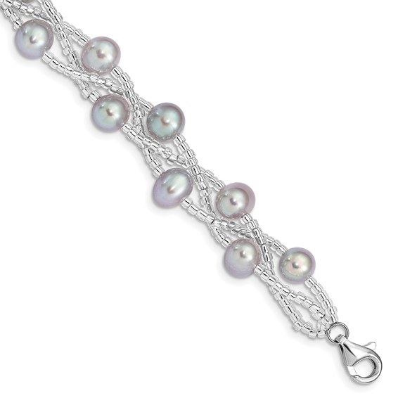 Sterling Silver Rhodium-plated 7-9mm Grey Semi-Round Freshwater Cultured Pearl and Glass Beaded 7.5 inch Bracelet