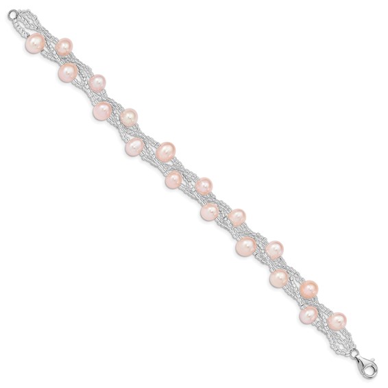 Sterling Silver Rhodium-plated 7-9mm Pink Semi-Round Freshwater Cultured Pearl and Glass Beaded 7.5 inch Bracelet