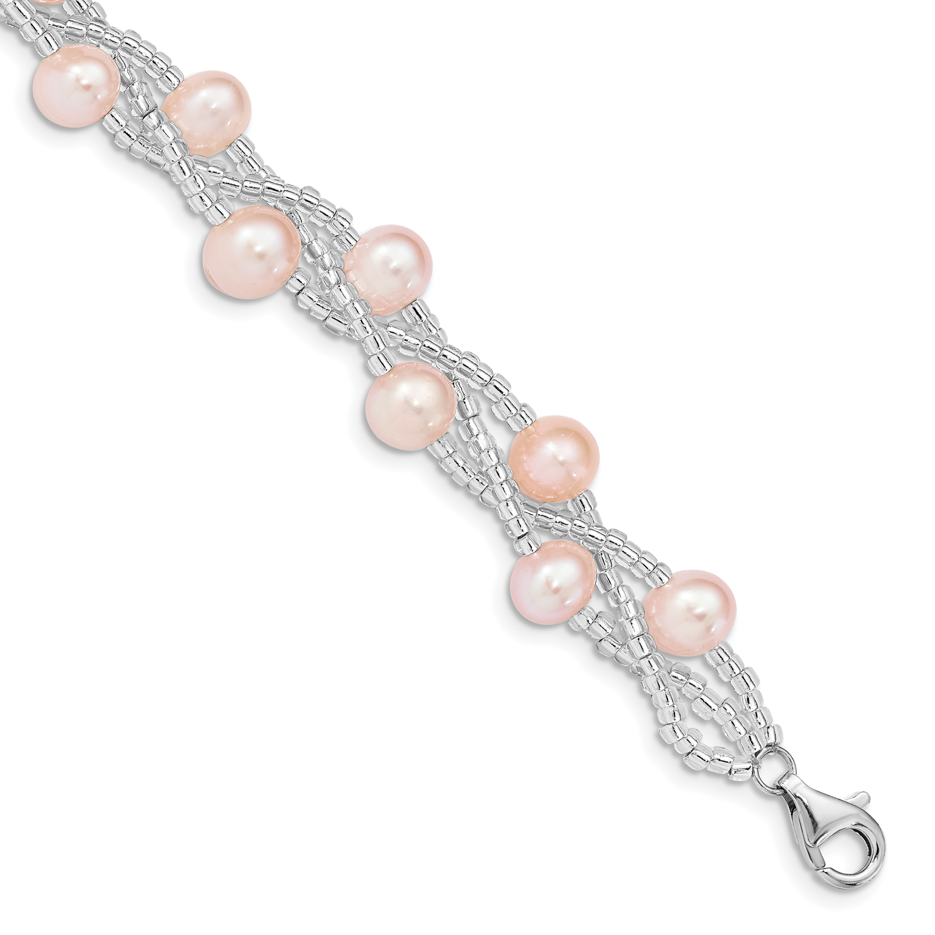 Sterling Silver Rhodium-plated 7-9mm Pink Semi-Round Freshwater Cultured Pearl and Glass Beaded 7.5 inch Bracelet (QG5086-7.5)