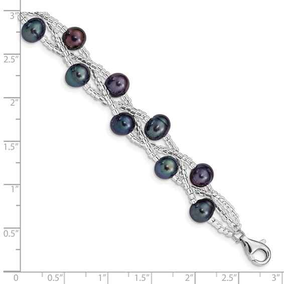 Sterling Silver Rhodium-plated 7-9mm Black Semi-Round Freshwater Cultured Pearl and Glass Beaded 7.5 inch Bracelet
