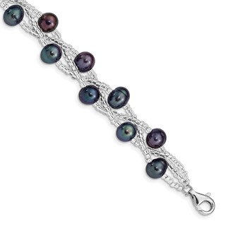 Sterling Silver Rhodium-plated 7-9mm Black Semi-Round Freshwater Cultured Pearl and Glass Beaded 7.5 inch Bracelet