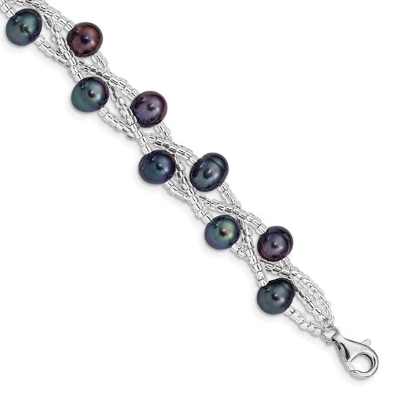 Sterling Silver Rhodium-plated 7-9mm Black Semi-Round Freshwater Cultured Pearl and Glass Beaded 7.5 inch Bracelet