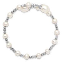 Sterling Silver Rhodium-plated 5-6mm Near-Round and 8mm Teardrop White Freshwater Cultured Pearl Wrap Flexible Bangle view 2