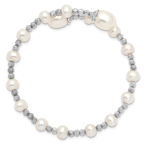Sterling Silver Rhodium-plated 5-6mm and 8mm White Teardrop and Near-Round White Freshwater Cultured Pearl Wrap Flexible Bangle