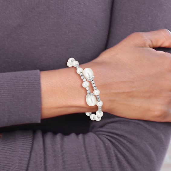 Sterling Silver Rhodium-plated 5-6mm and 8mm White Teardrop and Near-Round White Freshwater Cultured Pearl Wrap Flexible Bangle
