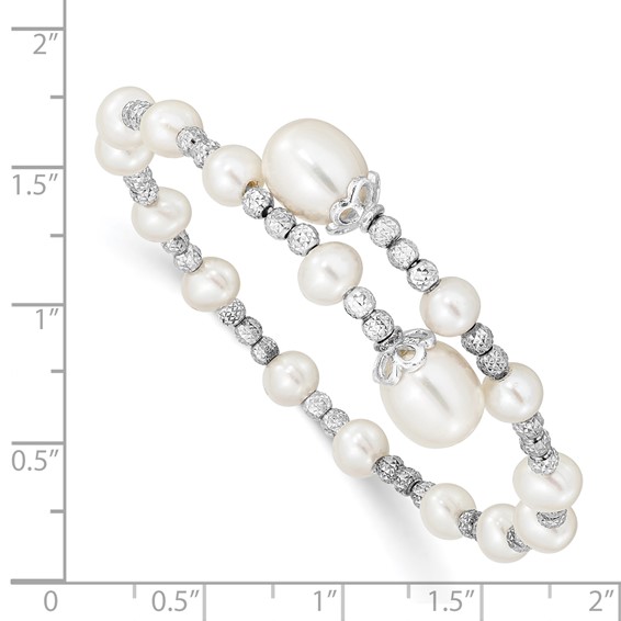 Sterling Silver Rhodium-plated 5-6mm and 8mm White Teardrop and Near-Round White Freshwater Cultured Pearl Wrap Flexible Bangle
