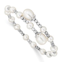 Sterling Silver Rhodium-plated 5-6mm Near-Round and 8mm Teardrop White Freshwater Cultured Pearl Wrap Flexible Bangle view 1