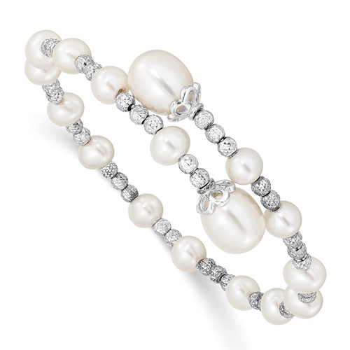 Sterling Silver Rhodium-plated 5-6mm Near-Round and 8mm Teardrop White Freshwater Cultured Pearl Wrap Flexible Bangle