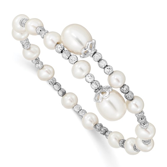 Sterling Silver Rhodium-plated 5-6mm and 8mm White Teardrop and Near-Round White Freshwater Cultured Pearl Wrap Flexible Bangle