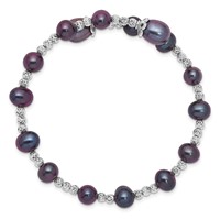 Sterling Silver Rhodium-plated 6-7mm Near-Round and 8mm Teardrop Black Freshwater Cultured Pearl Wrap Flexible Bangle view 2