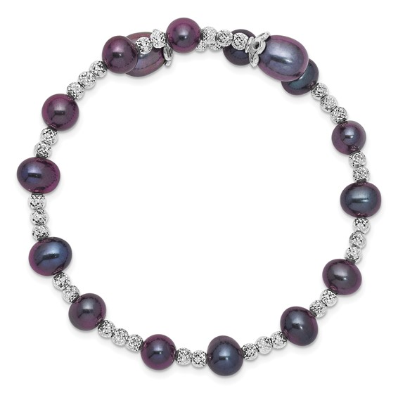 Sterling Silver Rhodium-plated 6-7mm and 8mm Black Teardrop and Near-Round Freshwater Cultured Pearl Wrap Flexible Bangle