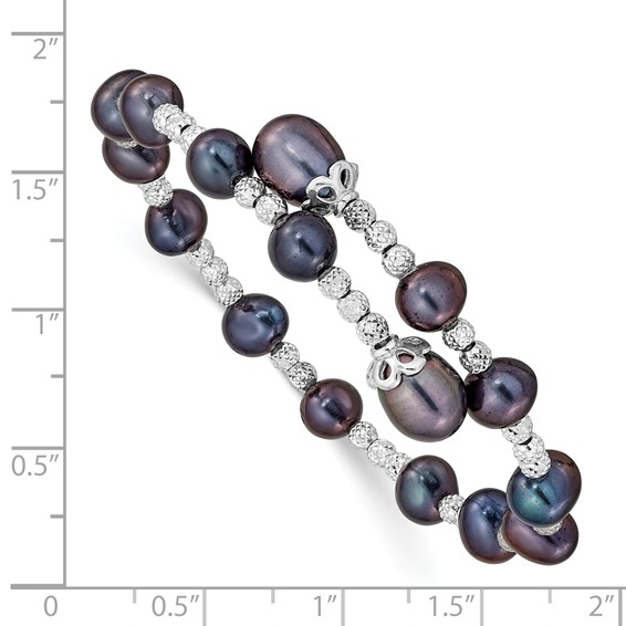 Sterling Silver Rhodium-plated 6-7mm and 8mm Black Teardrop and Near-Round Freshwater Cultured Pearl Wrap Flexible Bangle
