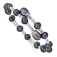 Sterling Silver Rhodium-plated 6-7mm Near-Round and 8mm Teardrop Black Freshwater Cultured Pearl Wrap Flexible Bangle view 1