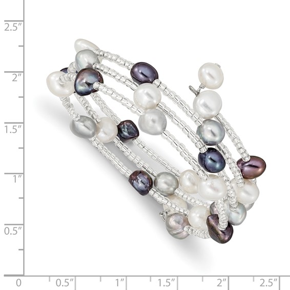 "7-8mm Black, Grey and White Baroque Freshwater Cultured Pearl and Glass Beaded 3-row Warp Bracelet"