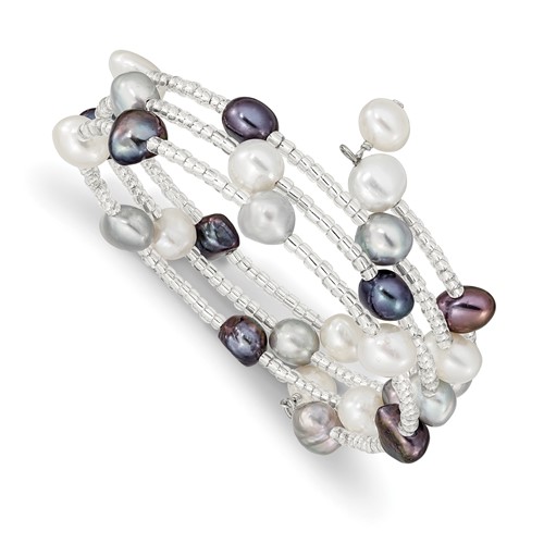 7-8mm Black Grey White Baroque Freshwater Cultured Pearl and Glass Beaded 3-row Wrap Bracelet