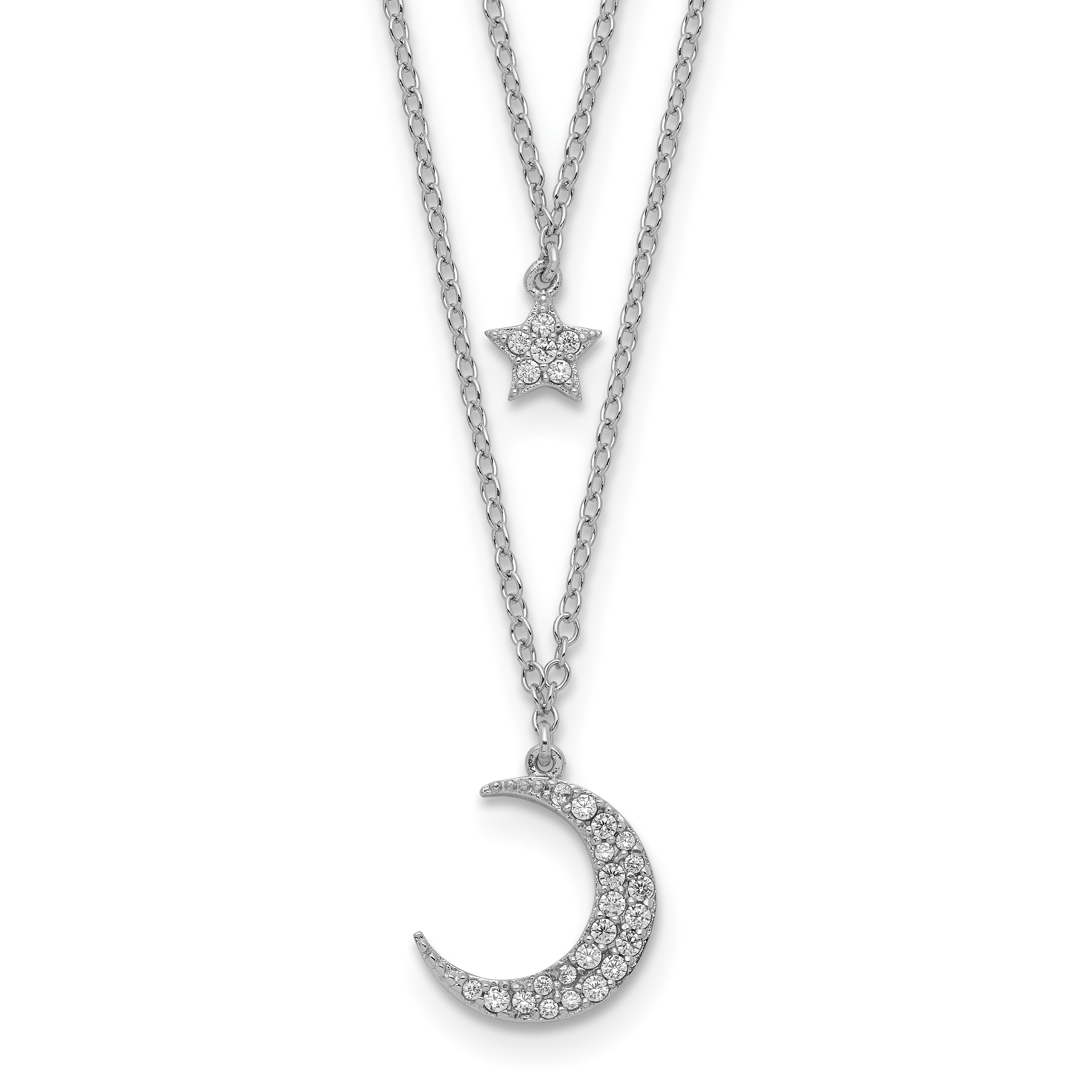 Sterling Silver Rhod-pltd CZ Star and Moon 2in ext 2-strand Necklace (QG5136-16)