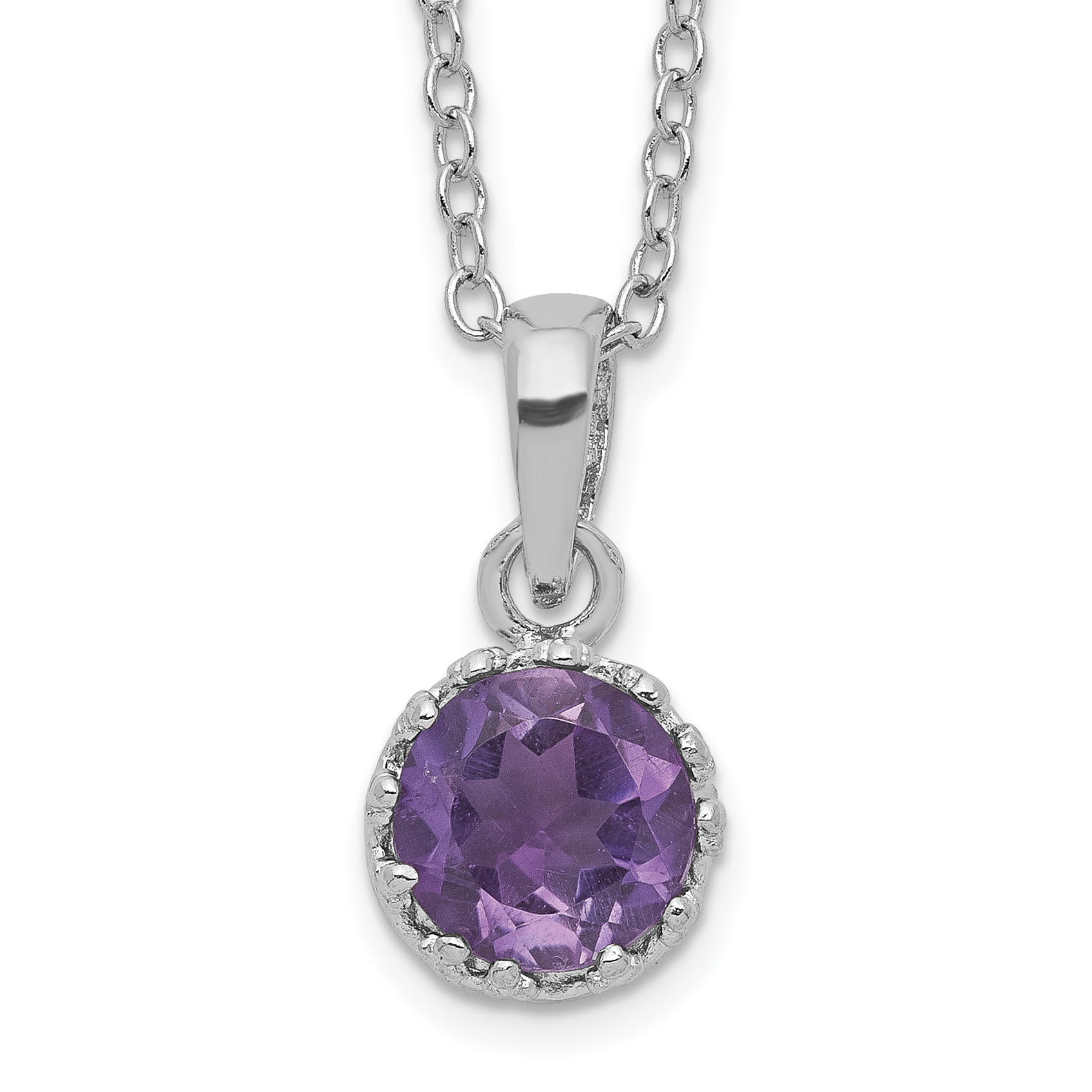 Sterling Silver Rhodium-plated 7mm Round Amethyst Necklace (QG5145-18)
