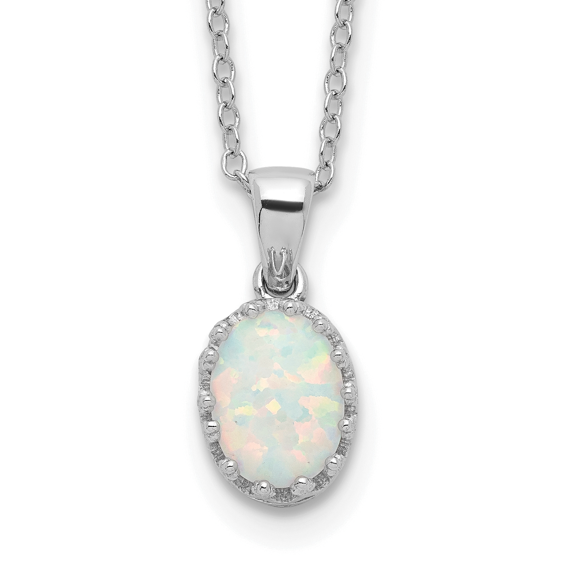 Sterling Silver Rhodium-plated Polish Oval Created Opal Necklace (QG5148-18)